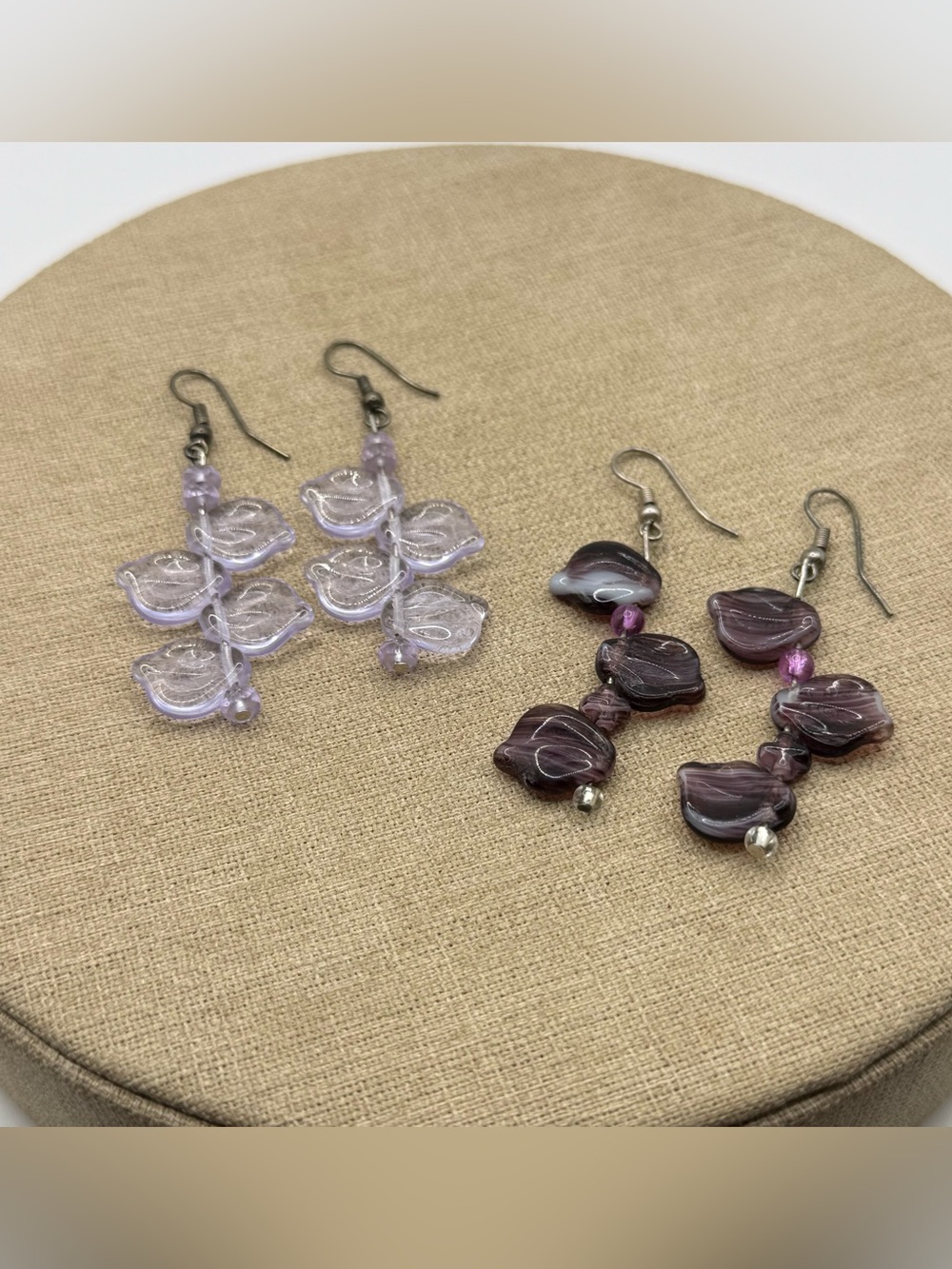 Set of two Handmade Lavender and Plum Glass Dangle Earrings